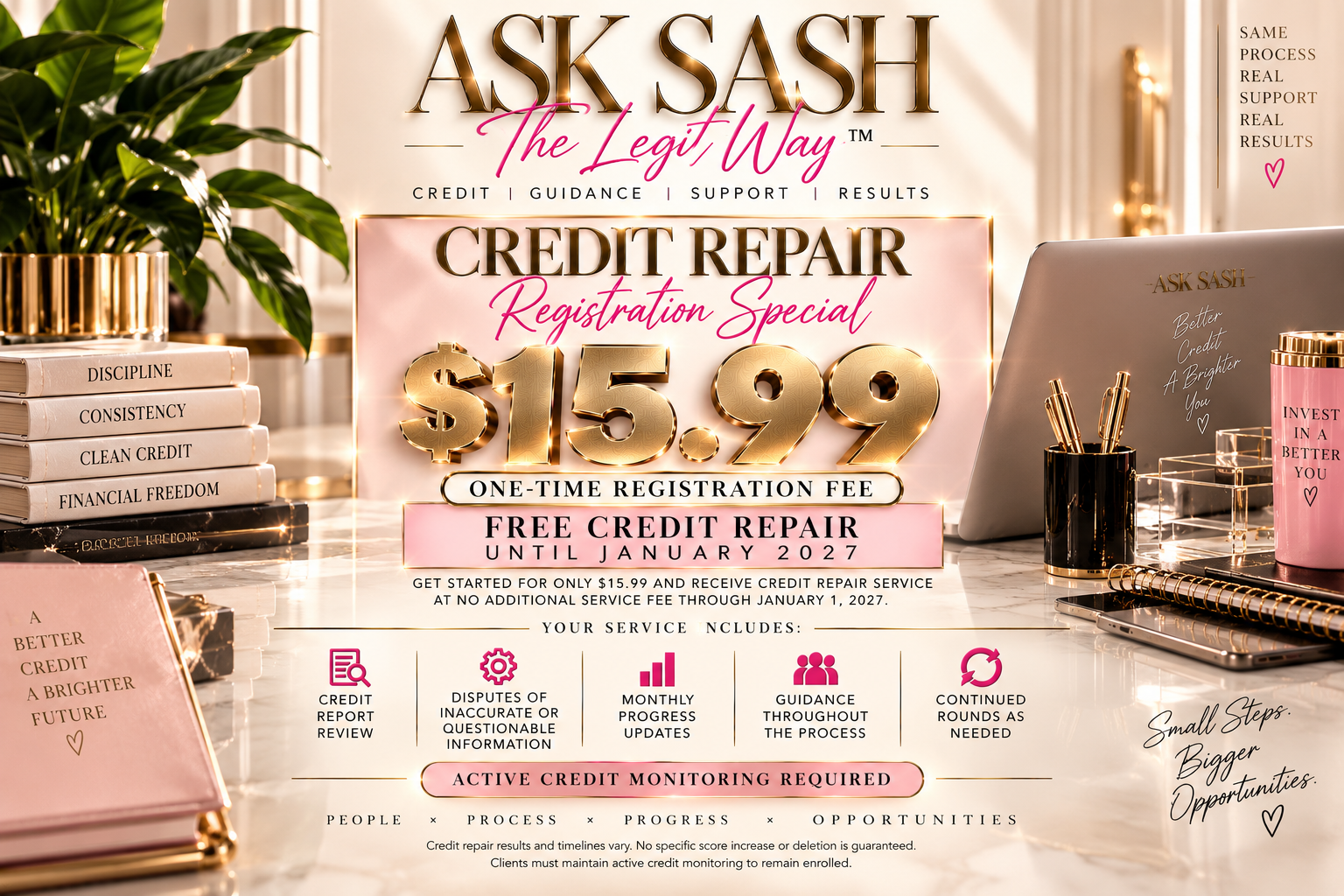 Credit Repair Registration Special — $15.99 one-time registration fee, credit repair service fee waived through January 2027