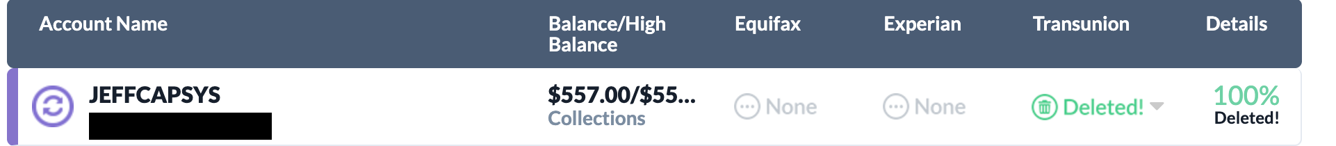 Client collection account $557 deleted from TransUnion
