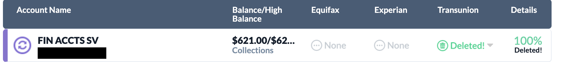 Client FIN ACCTS SV collection $621 deleted from TransUnion