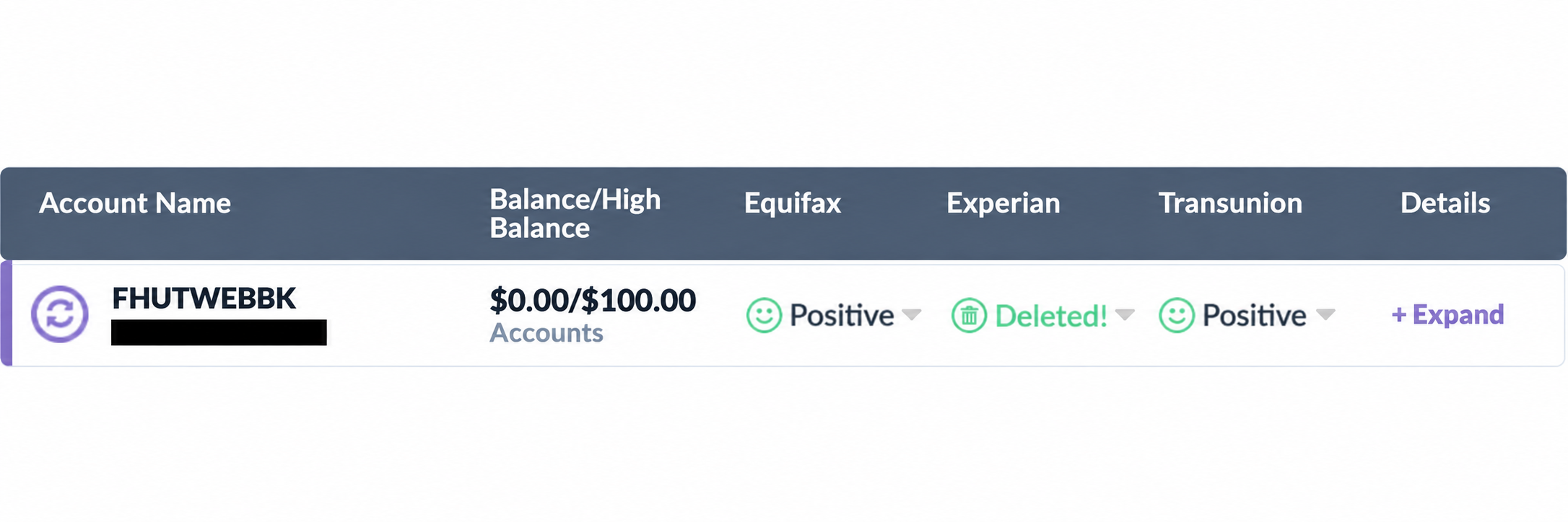 Client FHUTWEBBK account deleted from Experian